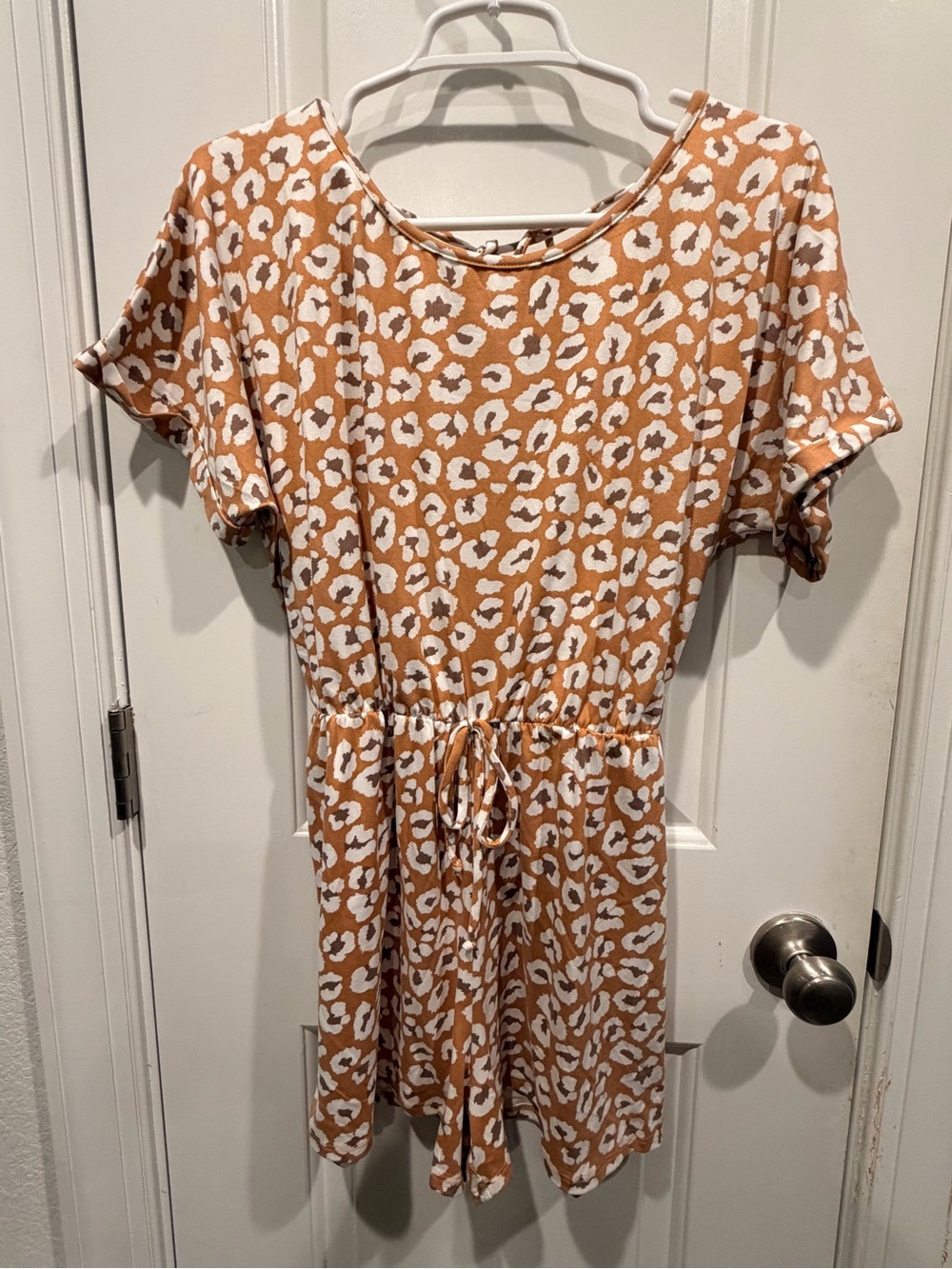 Women's Tan Leopard Print Short Sleeve Romper with Drawstring